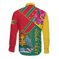 Unisex long-sleeve button shirt back, red/yellow with green diagonal stripes and pink blossoms