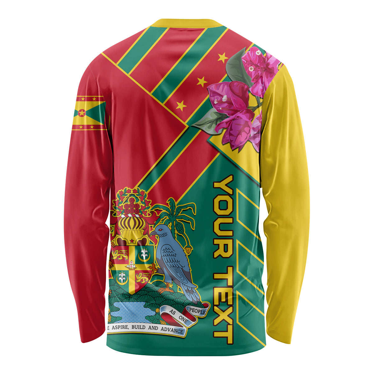 Unisex long sleeve shirt with red-green-yellow back print, birds, and crest