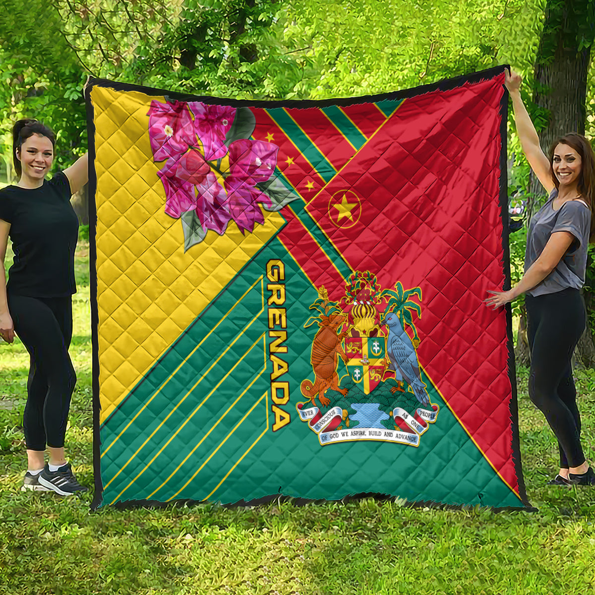 Grenada flag quilt blanket with quilted pattern, large crest, and “GRENADA” text on side