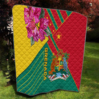 Grenada flag quilt blanket with quilted stitching, pink orchid detail, and “GRENADA” lettering