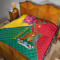 Grenada flag quilt on bed with quilted texture, central crest emblem, and “GRENADA” text