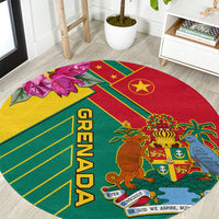 Round carpet with Grenada coat of arms, birds, and bold “GRENADA” text in red, green, yellow