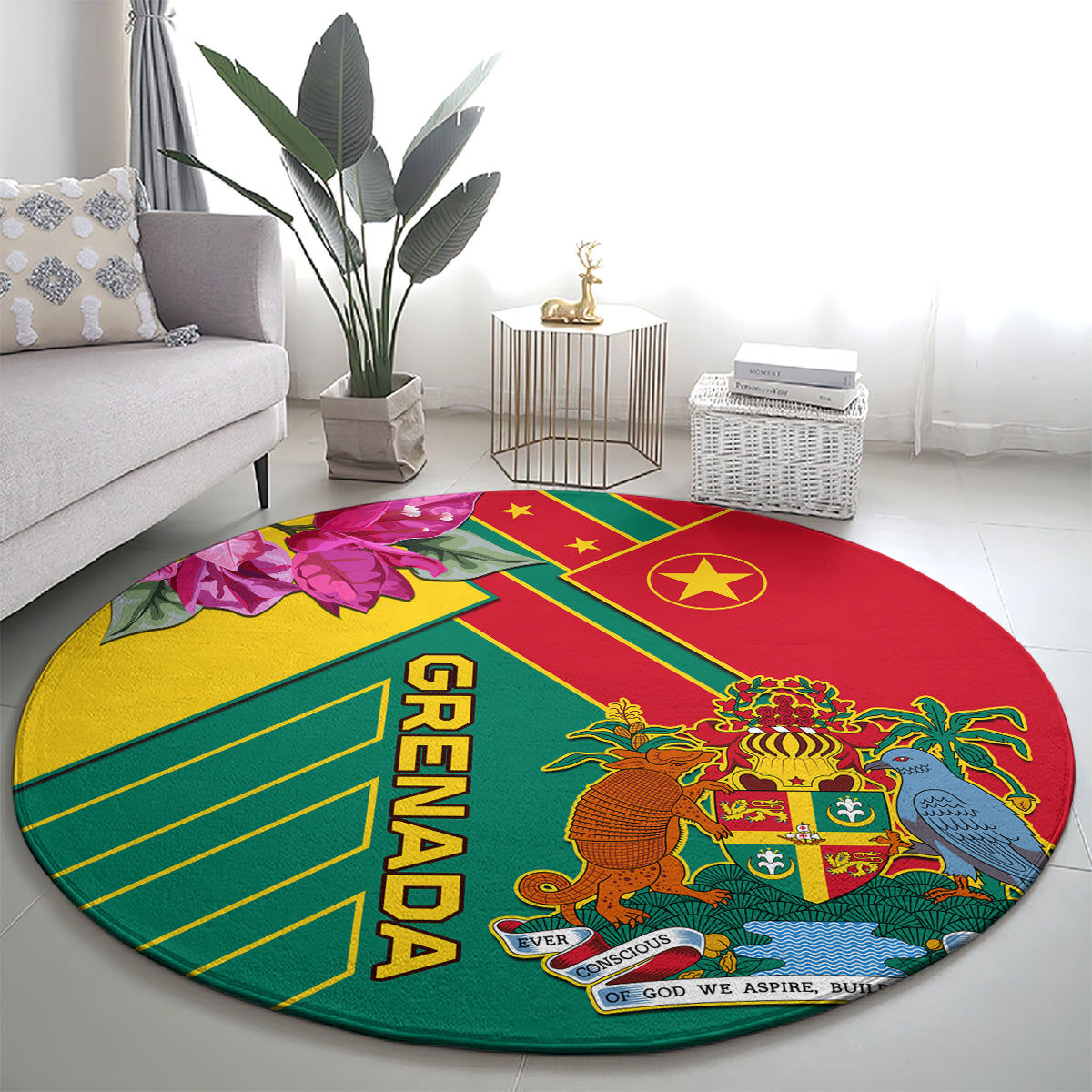 Round carpet design with colorful coat of arms, stars, and “GRENADA” text on red, green, yellow