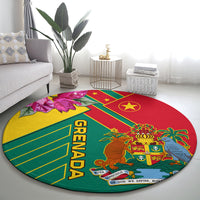 Round carpet design with colorful coat of arms, stars, and “GRENADA” text on red, green, yellow