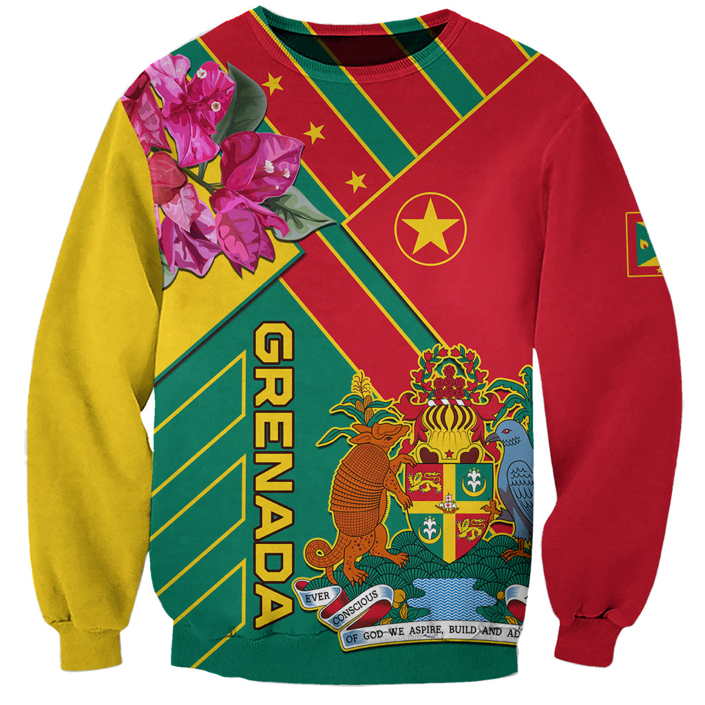 Unisex crewneck sweatshirt with multicolor Grenada-style crest and flower graphic