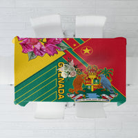 Green and red tablecloth with Grenada crest, coat of arms, and yellow border