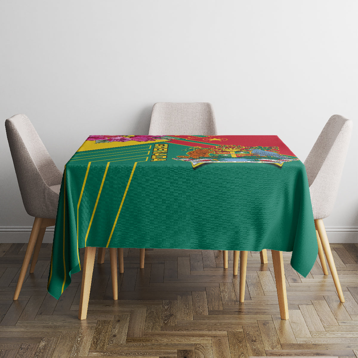 Green and red tablecloth with yellow and purple border, Grenada crest centered