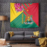 Wall tapestry with Grenada flag design: flowers, coat of arms, and green striped borders.