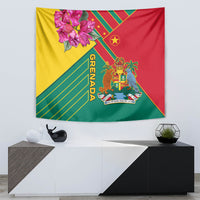 Tapestry with Grenada flag design, flowers in top-left, coat of arms, and green stripes.