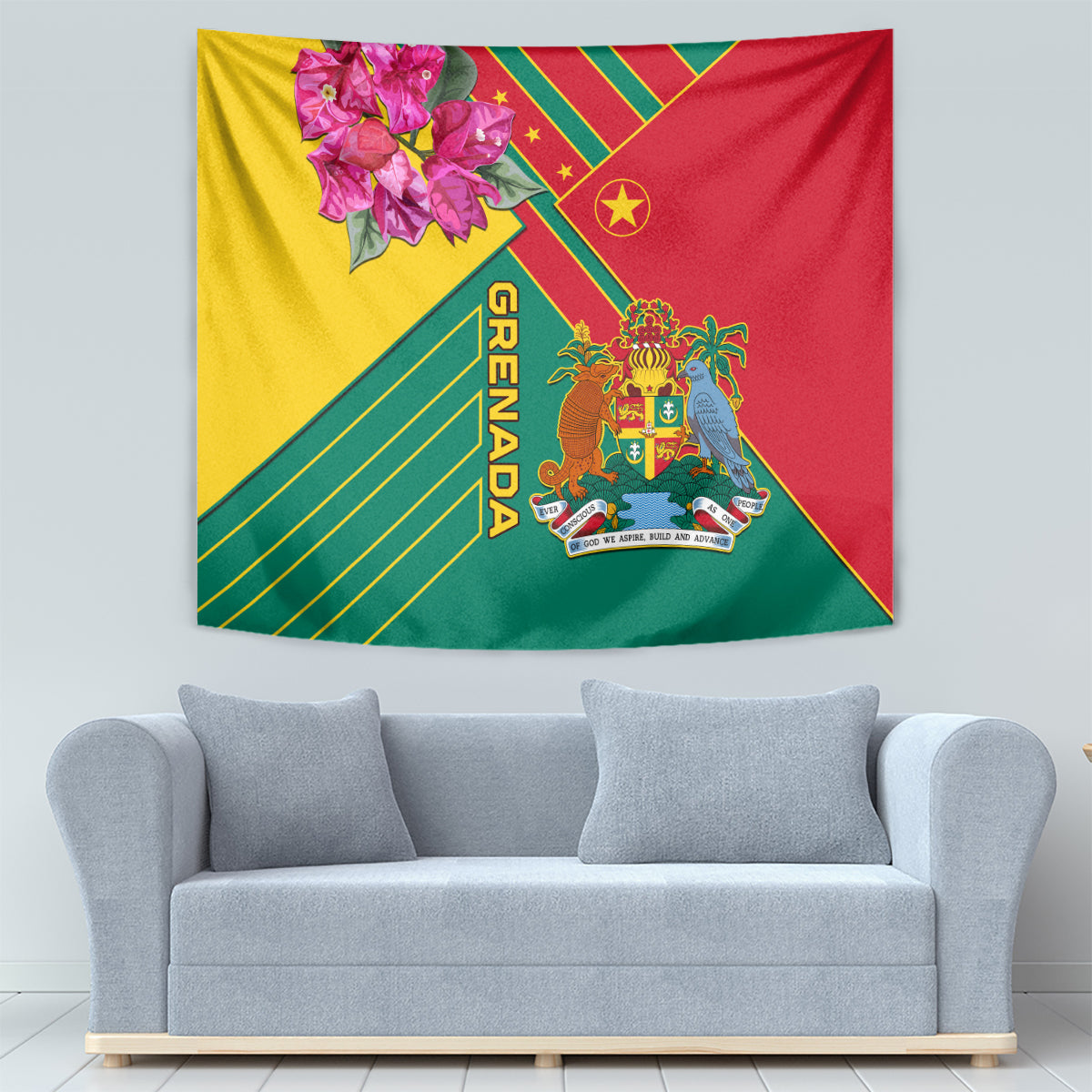 Tapestry showing Grenada flag with bouquet, coat of arms crest, and green diagonal stripes.