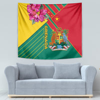 Tapestry showing Grenada flag with bouquet, coat of arms crest, and green diagonal stripes.