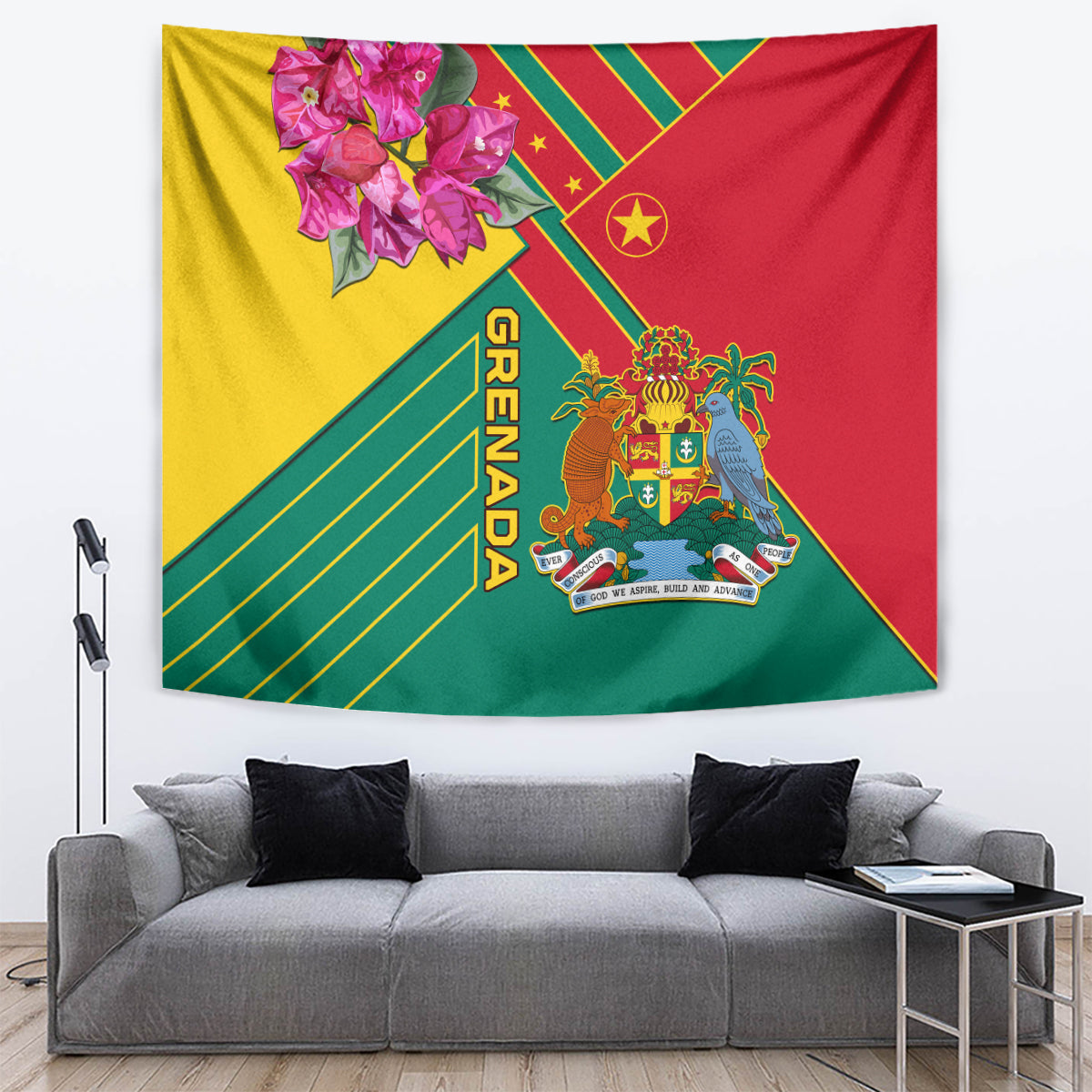 Grenada flag tapestry with flowers, coat of arms, and green striped border with star.