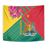 Close-up tapestry corner with Grenada text, flowers, coat of arms, and green diagonal stripes.