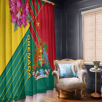 Printed window curtain panels in yellow, green, and red with Grenada coat-of-arms