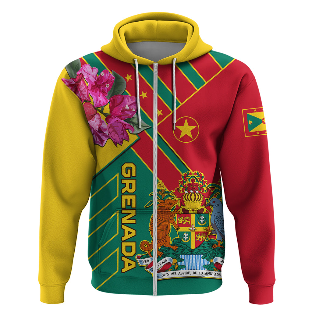Zip hoodie with yellow hood, red and green panels, front zipper, and bold graphic print.