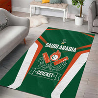 Green cricket area rug with SAUDI ARABIA and CRICKET text plus orange-and-white stripes