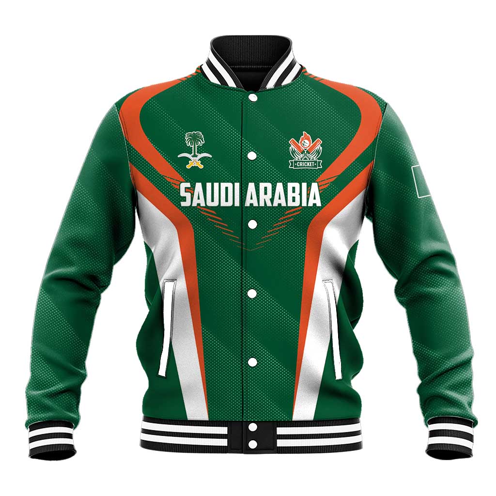 Green cricket baseball jacket with orange/white stripes, button front, SAUDI ARABIA crest