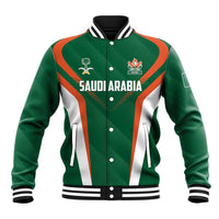 Green cricket baseball jacket with orange/white stripes, button front, SAUDI ARABIA crest