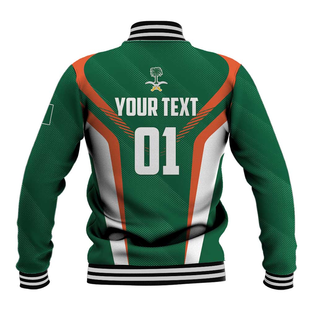 Green cricket baseball jacket back with orange/white chevrons, YOUR TEXT and 01