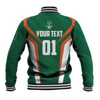 Green cricket baseball jacket back with orange/white chevrons, YOUR TEXT and 01