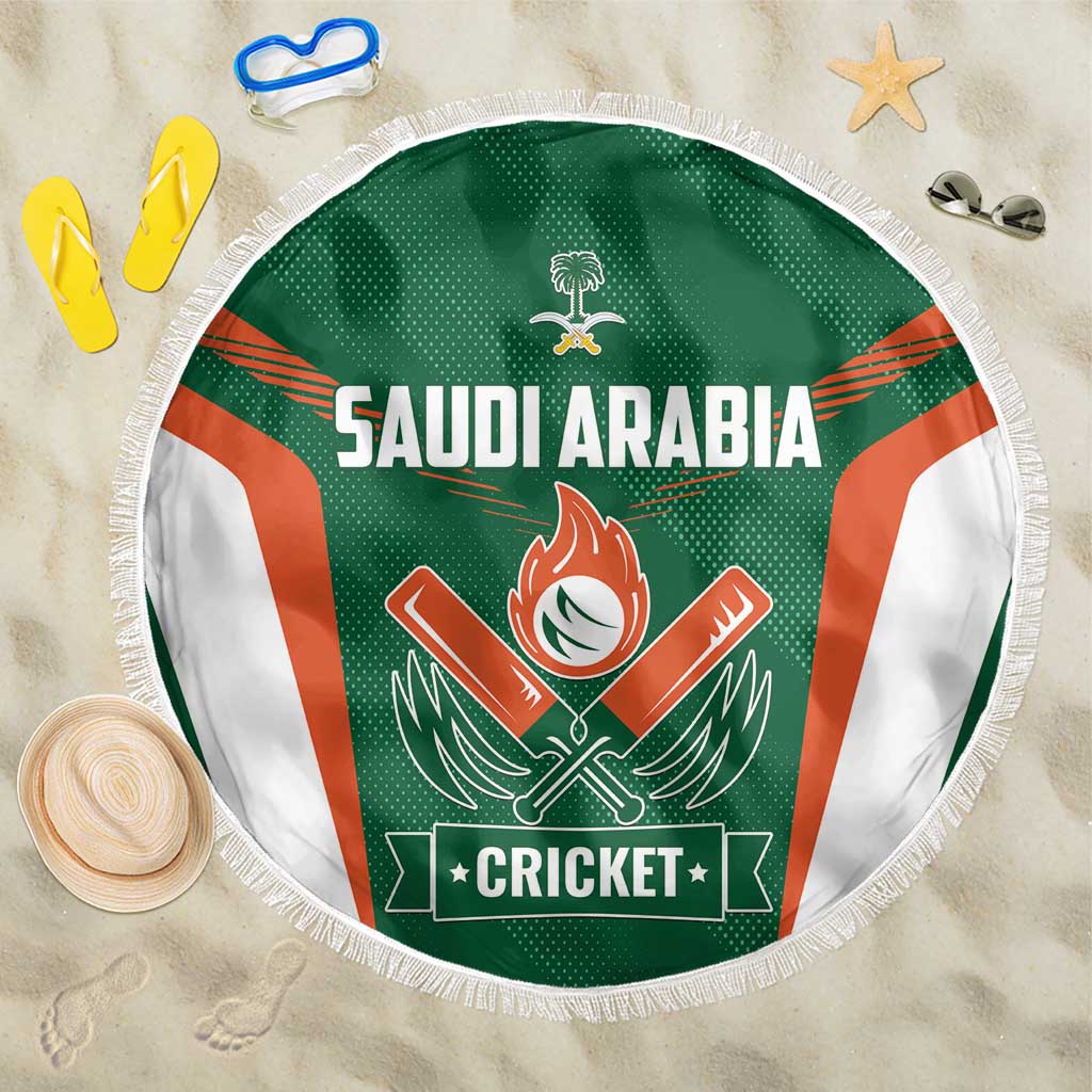 Green round cricket team beach blanket with fringe, Saudi Arabia logo and text