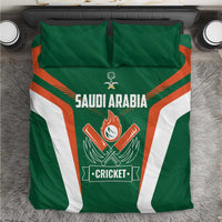 Green cricket bedding set with SAUDI ARABIA text and cricket emblem, orange and white geometric design