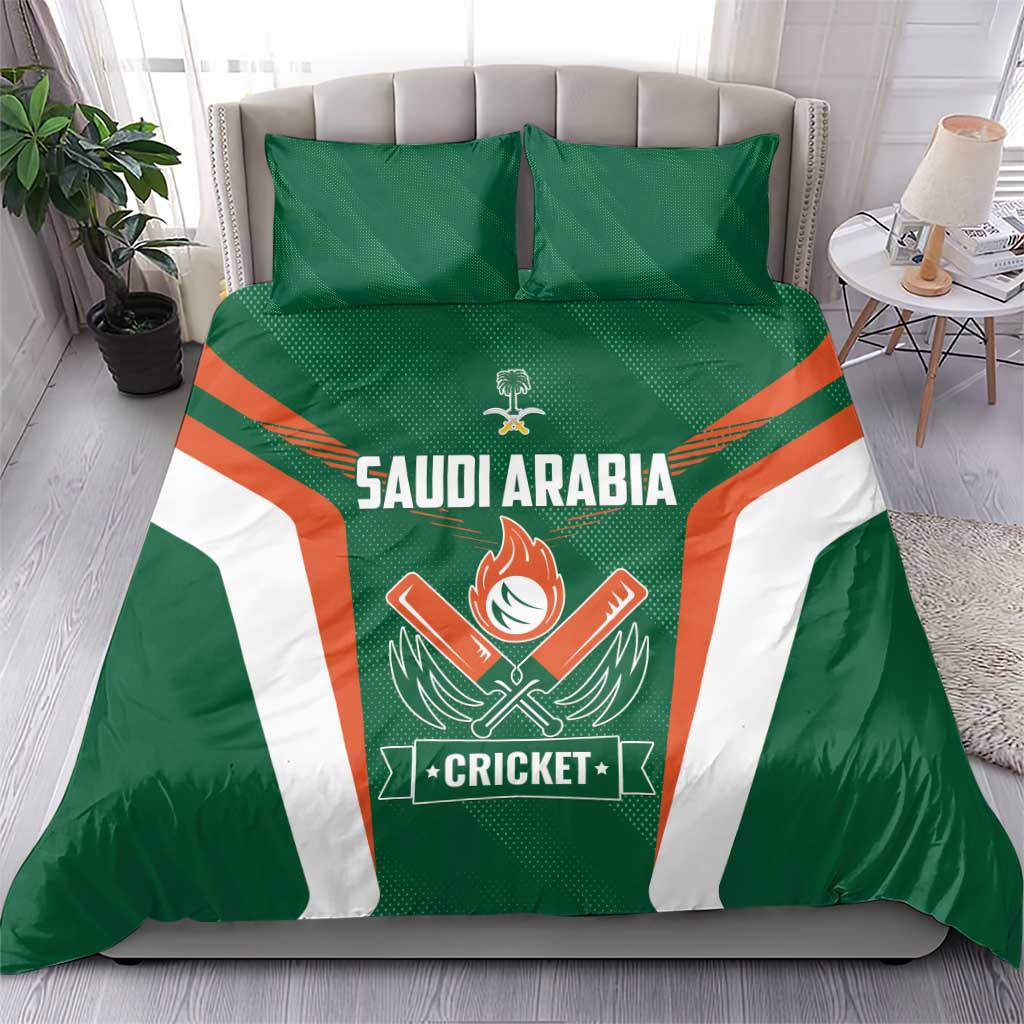Green cricket bedding set with Saudi Arabia team logo, orange stripes and white side panels