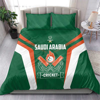 Green cricket bedding set with Saudi Arabia team logo, orange stripes and white side panels