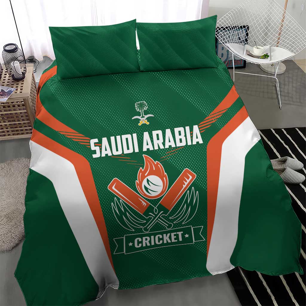 Green cricket bedding set with centered SAUDI ARABIA graphic, orange chevron and white panels