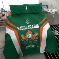 Green cricket bedding set with centered SAUDI ARABIA graphic, orange chevron and white panels