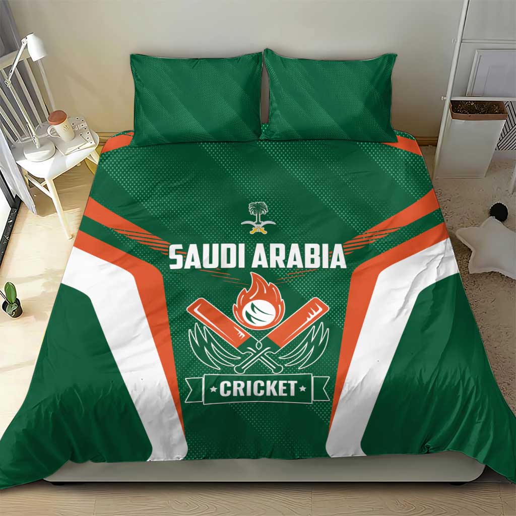 Green cricket bedding set on bed with two pillows, SAUDI ARABIA logo and crossed cricket bats