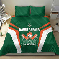 Green cricket bedding set on bed with two pillows, SAUDI ARABIA logo and crossed cricket bats