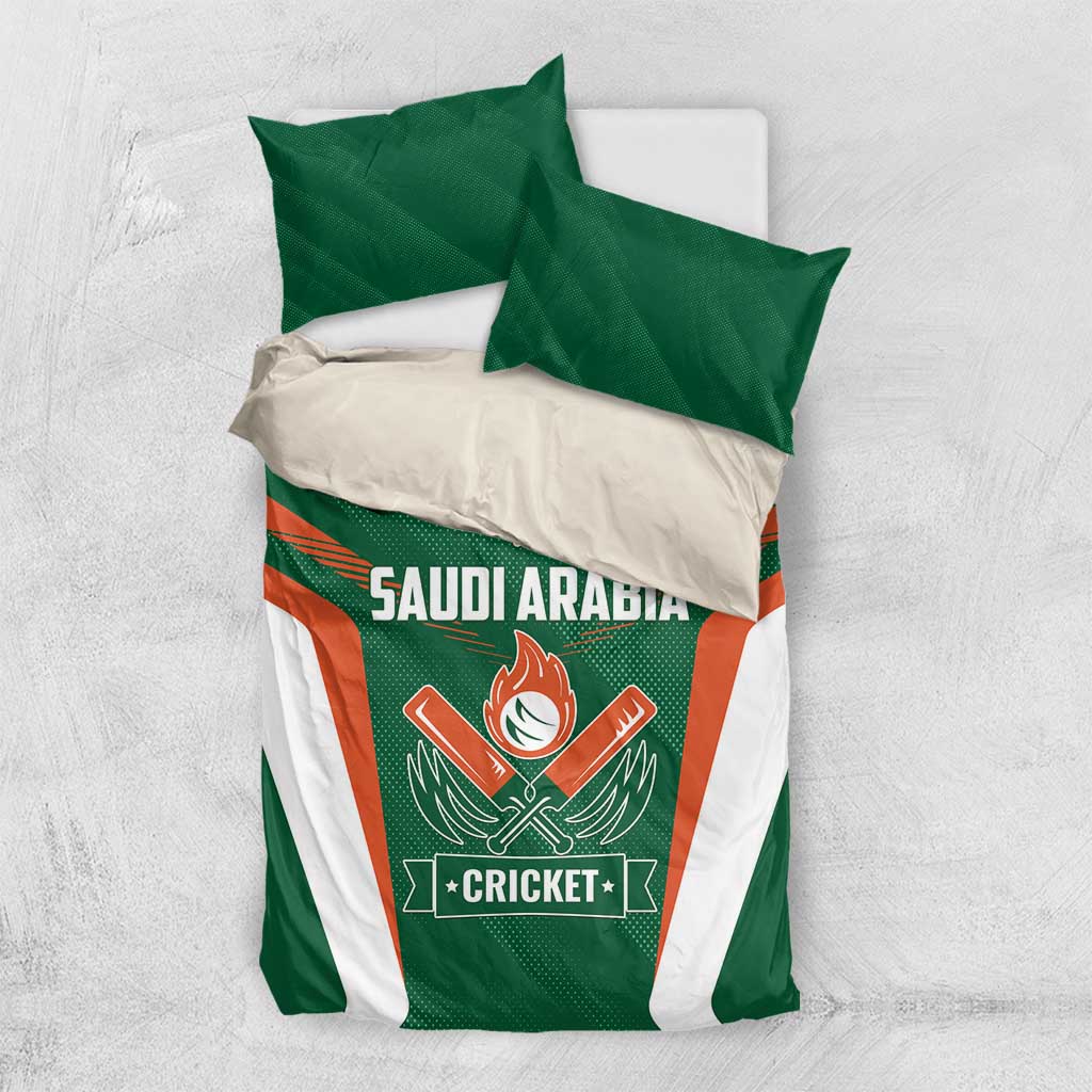 Green and white cricket bedding set with SAUDI ARABIA front print and orange accent stripes