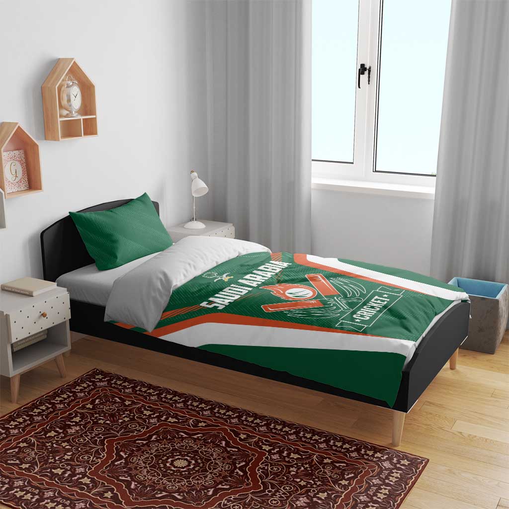 Green cricket bedding set on bed with SAUDI ARABIA logo and crossed bat emblem