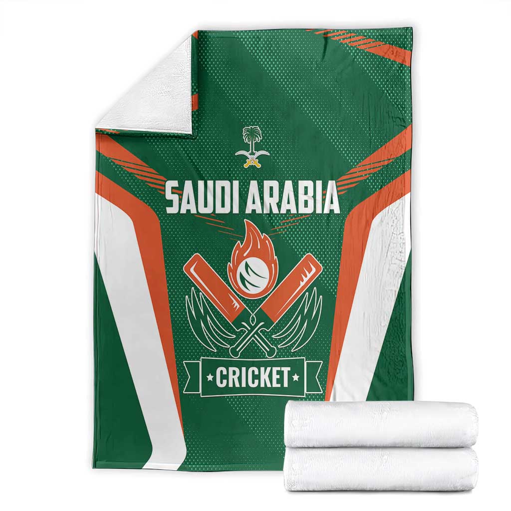 Green cricket blanket folded with white and orange striped design, Saudi Arabia and Cricket emblem