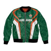 Green unisex cricket bomber jacket with full zip, ribbed collar, orange-and-white stripes