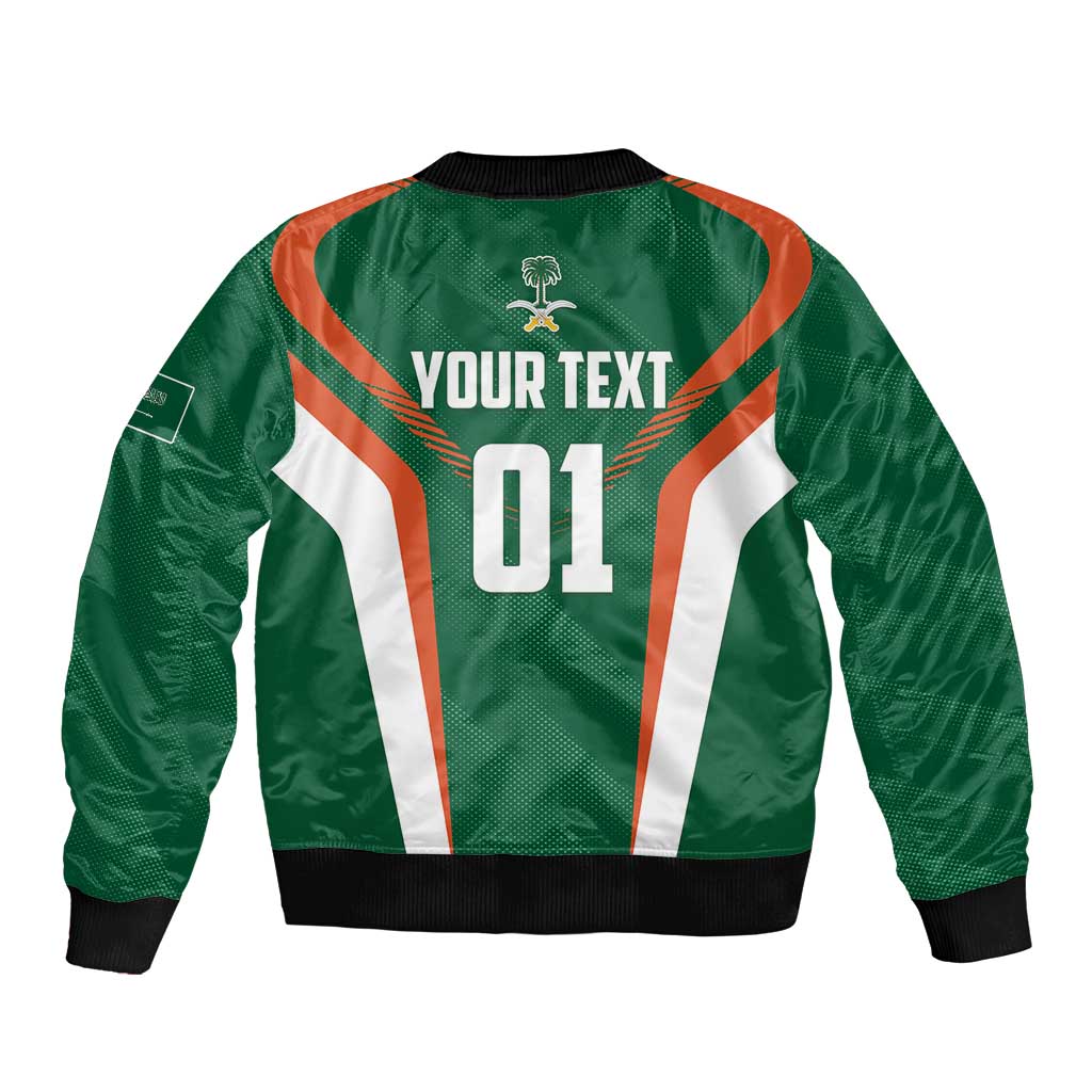Green unisex cricket bomber jacket, back number 01 with text, orange-and-white stripes