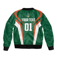 Green unisex cricket bomber jacket, back number 01 with text, orange-and-white stripes