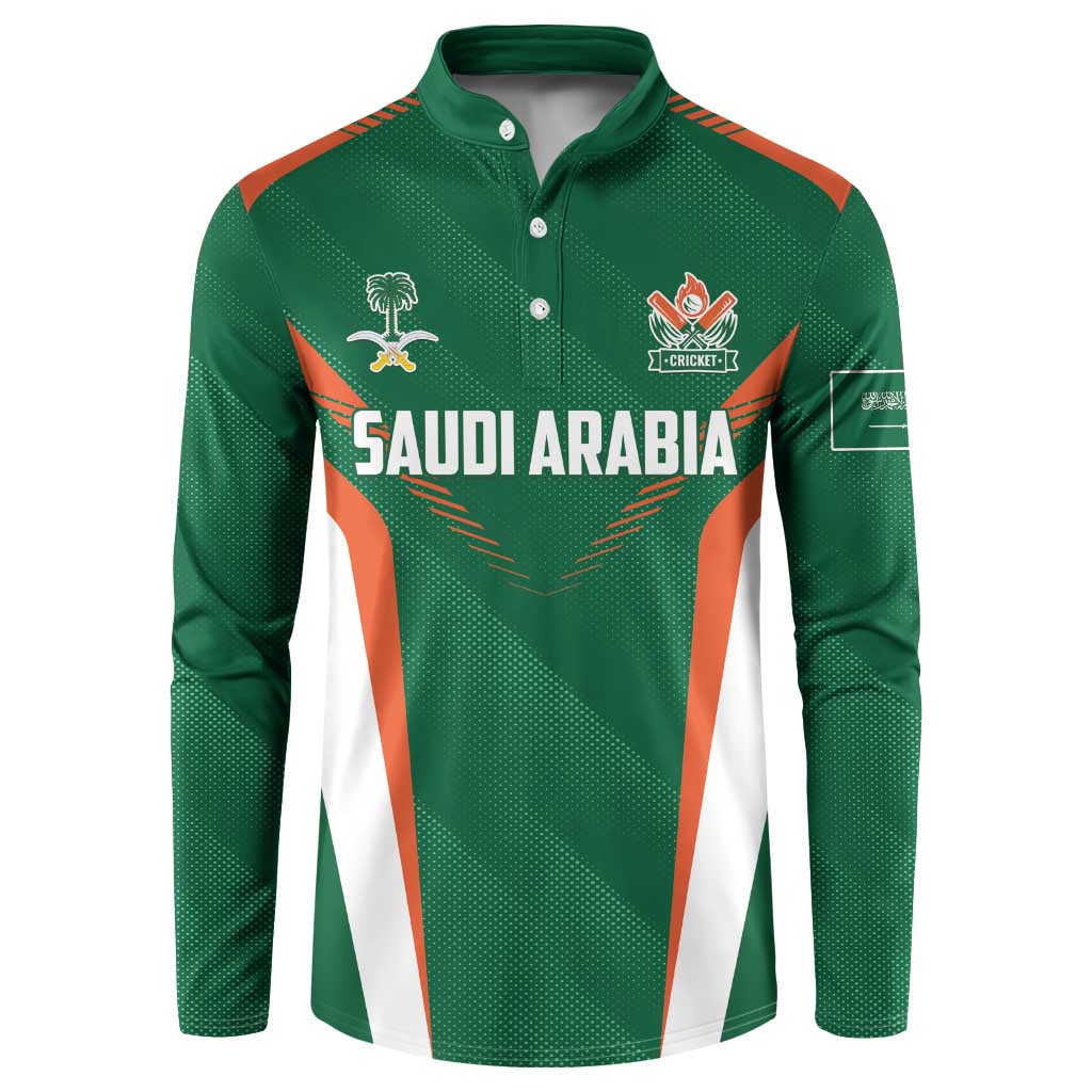 Green cricket button sweatshirt with Saudi Arabia crest and orange/white panel stripes