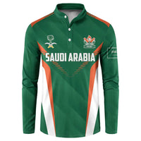 Green cricket button sweatshirt with Saudi Arabia crest and orange/white panel stripes