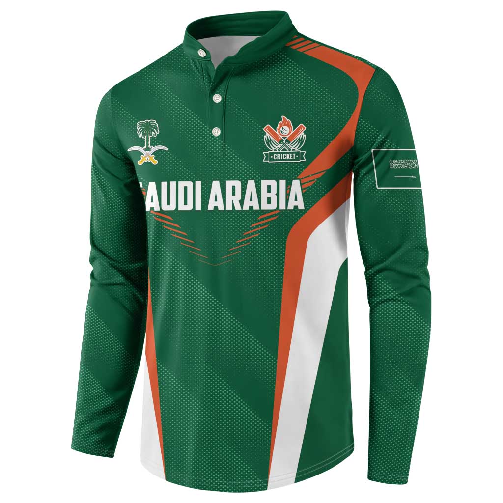 Green cricket button sweatshirt with crest logo and orange/white angled stripes