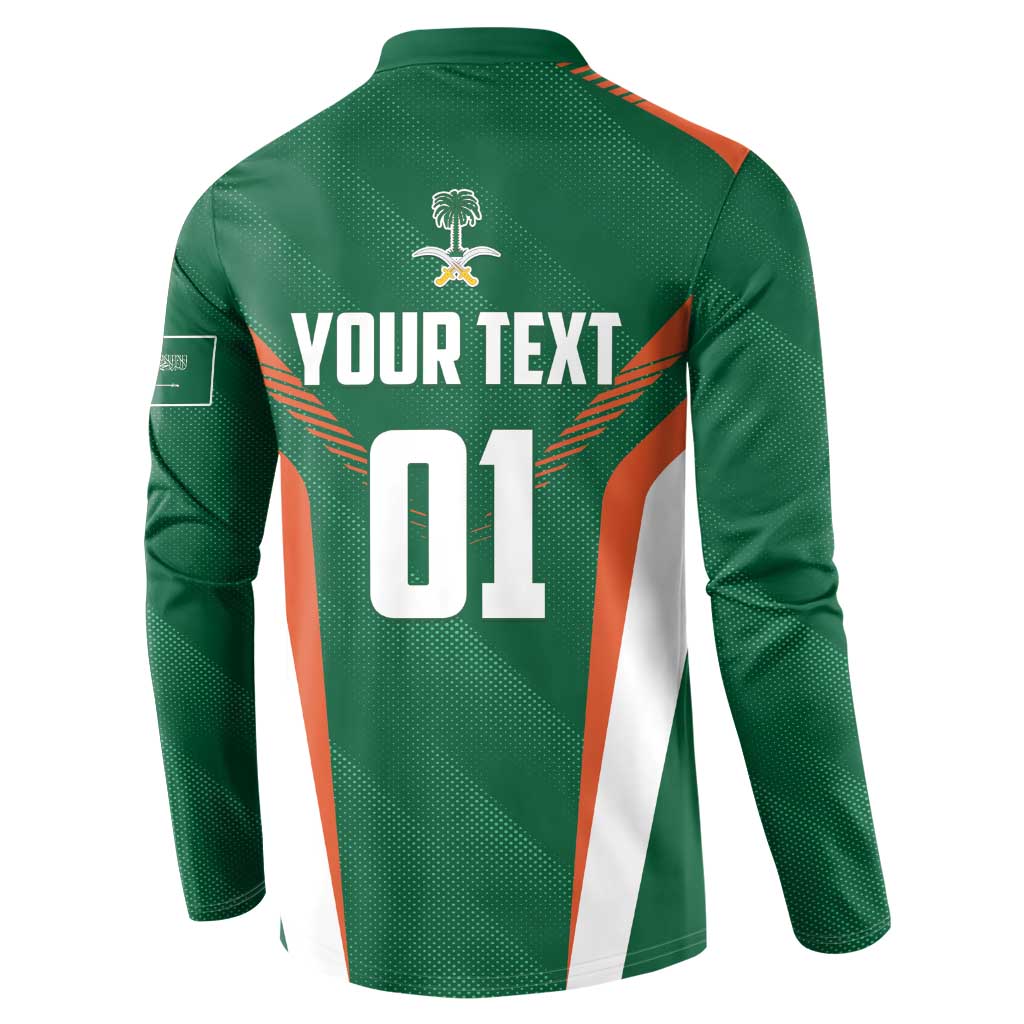 Green cricket button sweatshirt back with YOUR TEXT and number 01, orange/white stripes