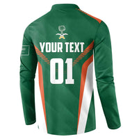 Green cricket button sweatshirt back with YOUR TEXT and number 01, orange/white stripes