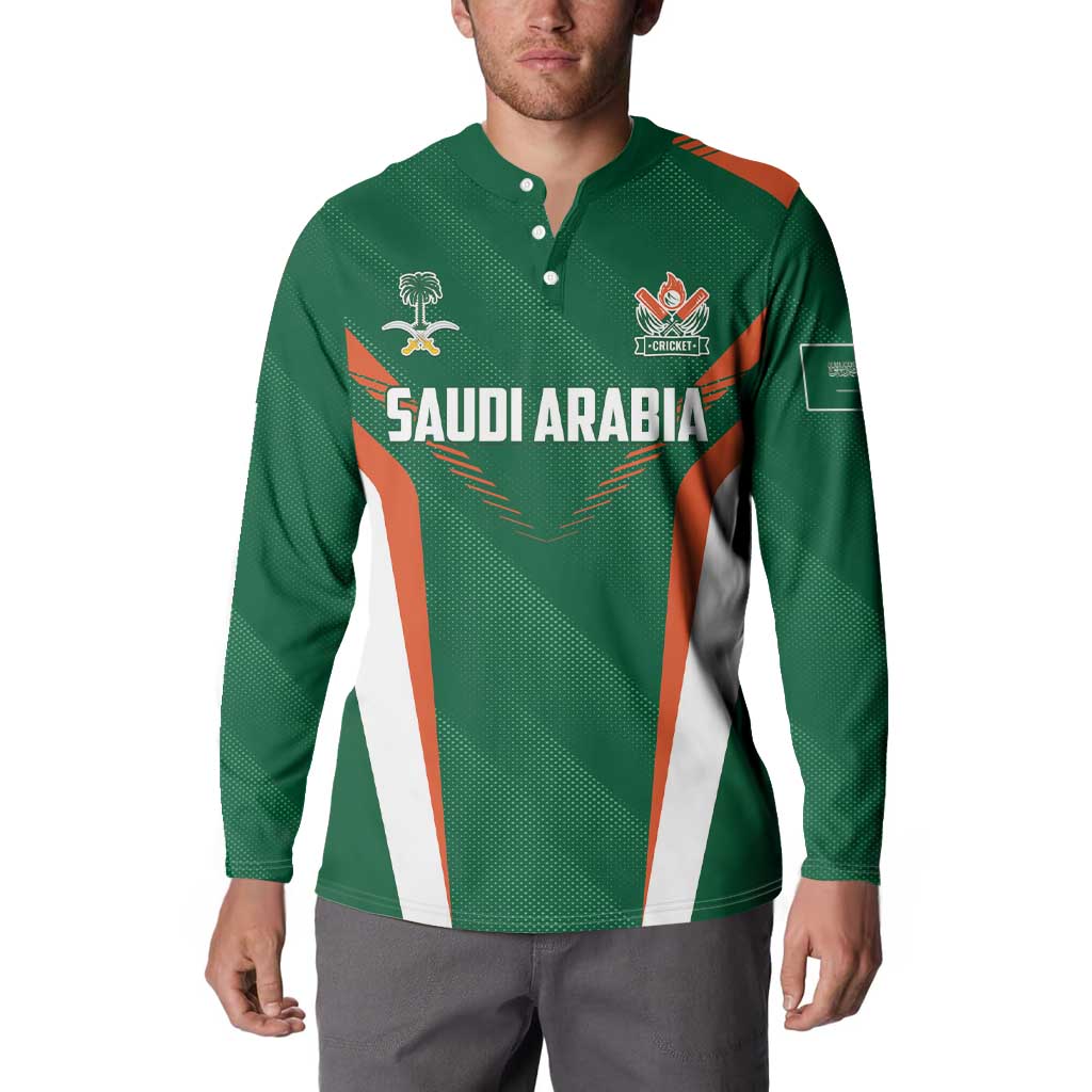 Green cricket button sweatshirt with team crest, Saudi Arabia text, orange/white side panels