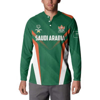 Green cricket button sweatshirt with team crest, Saudi Arabia text, orange/white side panels