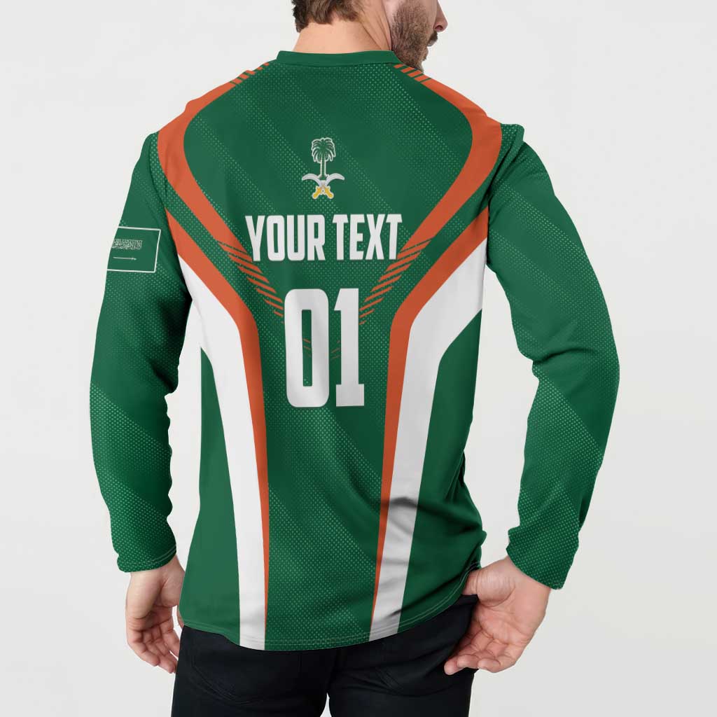 Green cricket button sweatshirt back view with YOUR TEXT and number 01, orange/white panels
