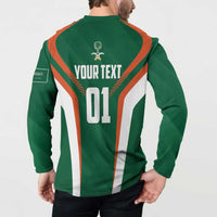 Green cricket button sweatshirt back view with YOUR TEXT and number 01, orange/white panels