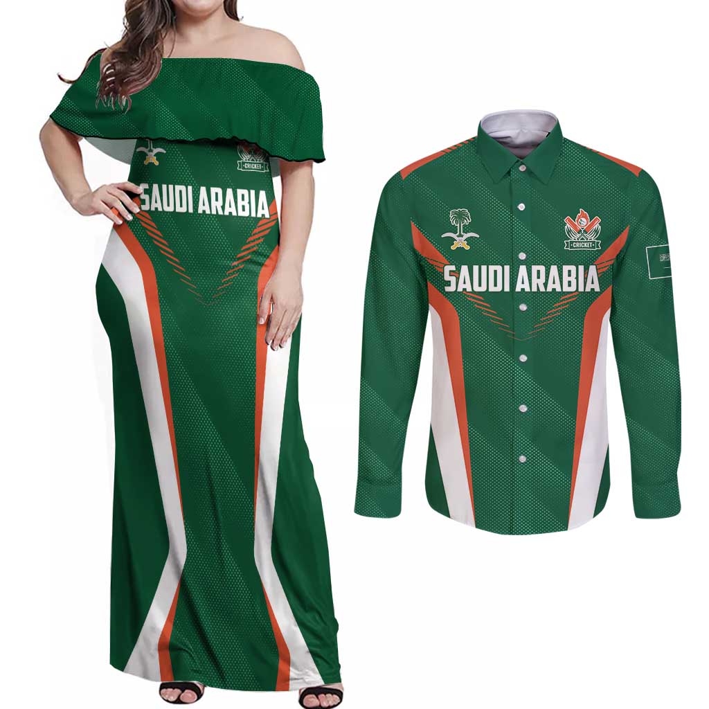 Custom Saudi Arabia Cricket Couples Matching Off Shoulder Maxi Dress and Long Sleeve Button Shirt TeamSaudi Go Champions - Wonder Print Shop