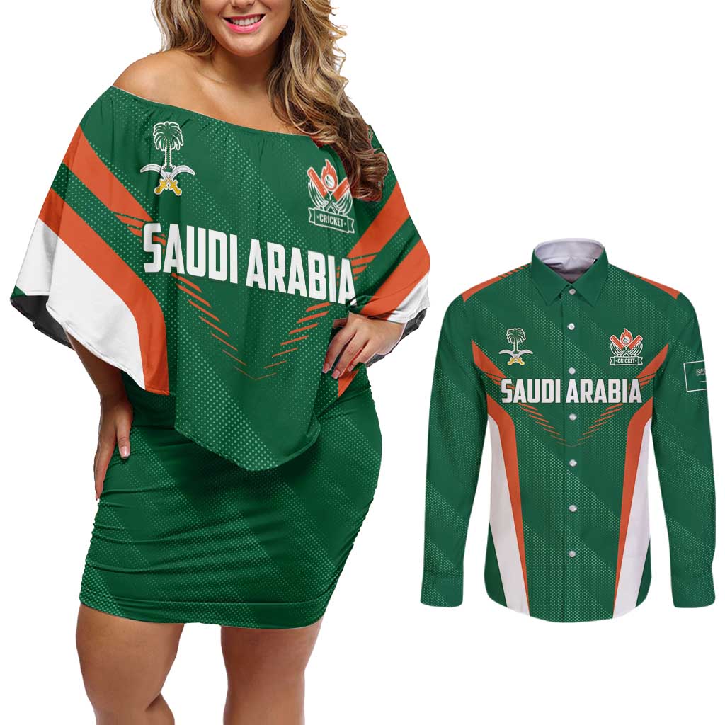 Custom Saudi Arabia Cricket Couples Matching Off Shoulder Short Dress and Long Sleeve Button Shirt TeamSaudi Go Champions - Wonder Print Shop