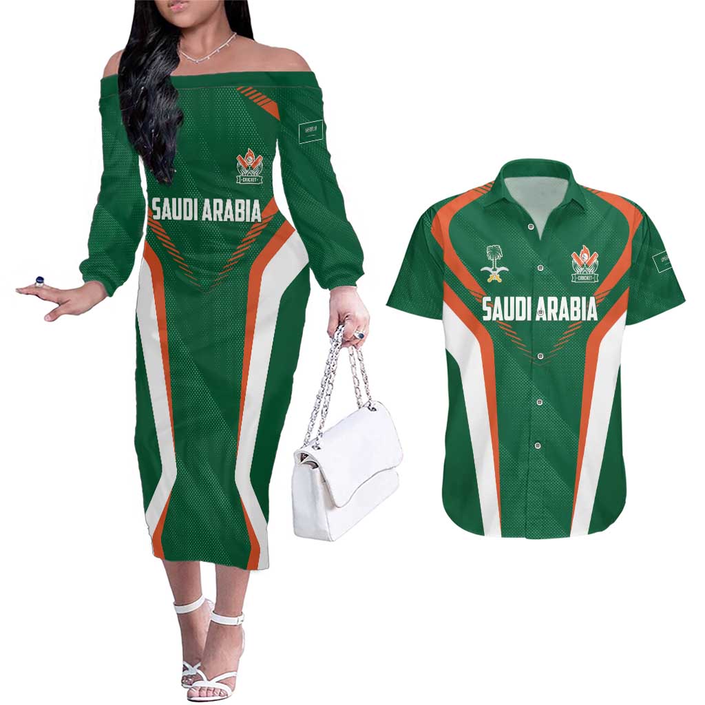 Custom Saudi Arabia Cricket Couples Matching Off The Shoulder Long Sleeve Dress and Hawaiian Shirt TeamSaudi Go Champions - Wonder Print Shop